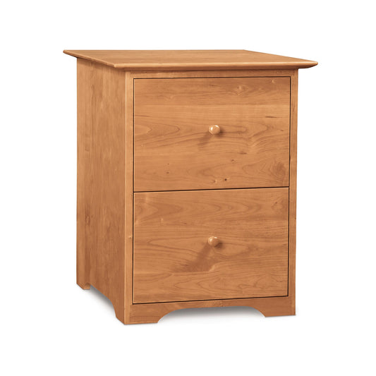 A Sarah Rolling Filing Cabinet with two drawers, featuring round knobs and a smooth finish, isolated on a white background, crafted from sustainably harvested woods by Copeland Furniture.