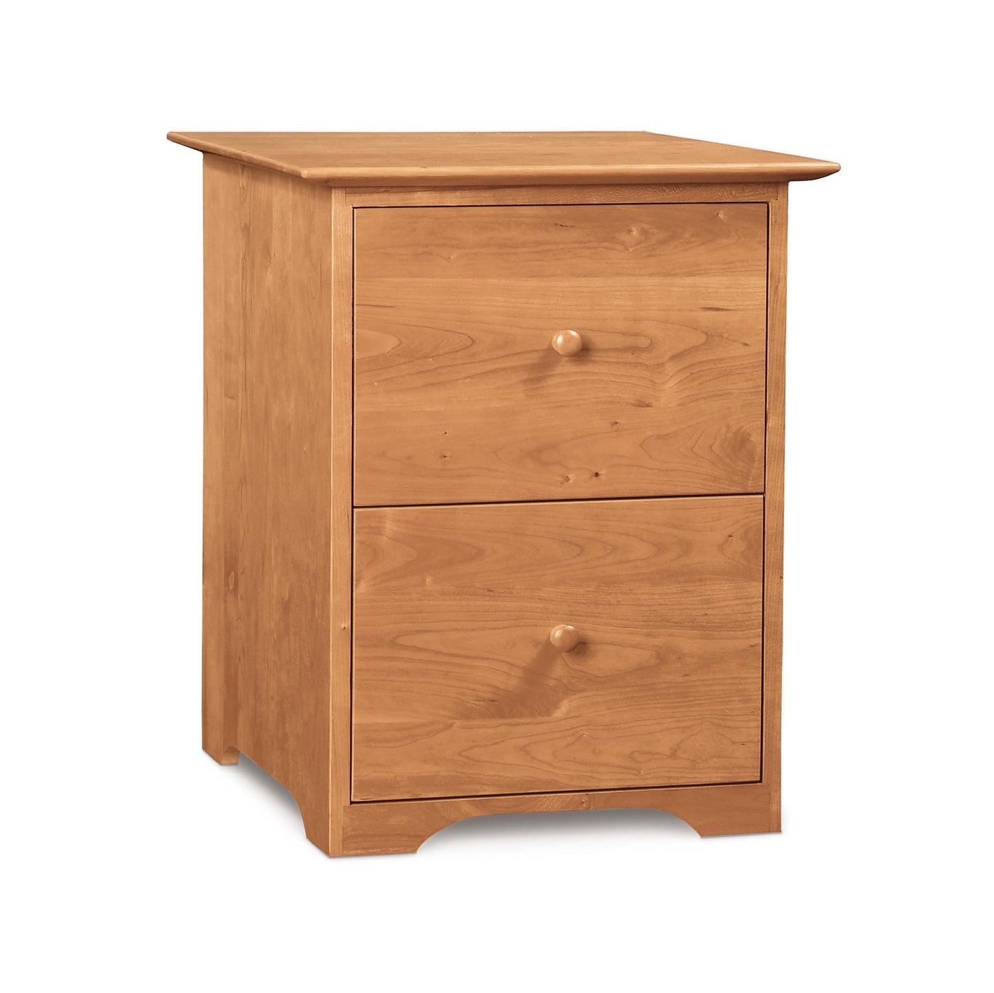 A wooden filing cabinet with two drawers.