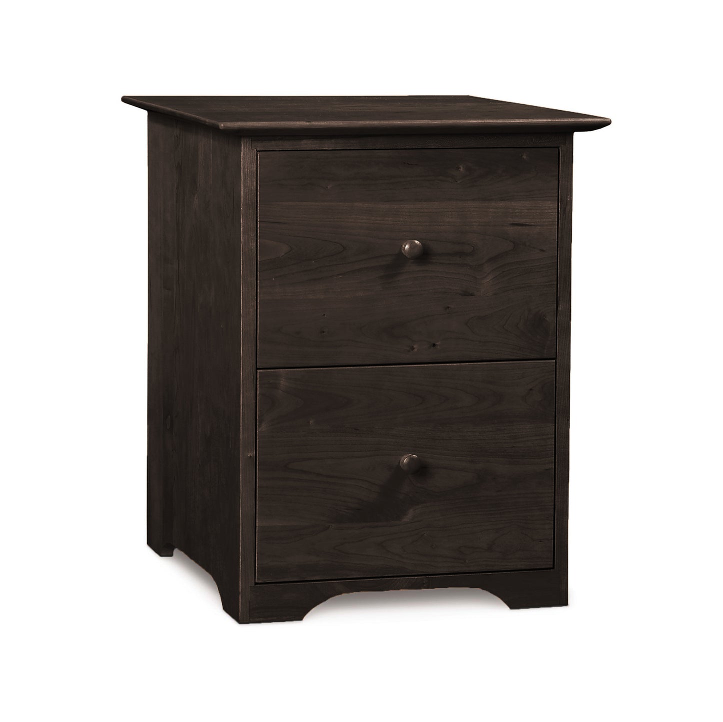 A Sarah Rolling Filing Cabinet, crafted from sustainably harvested woods, in a dark finish with round knobs on a white background by Copeland Furniture.