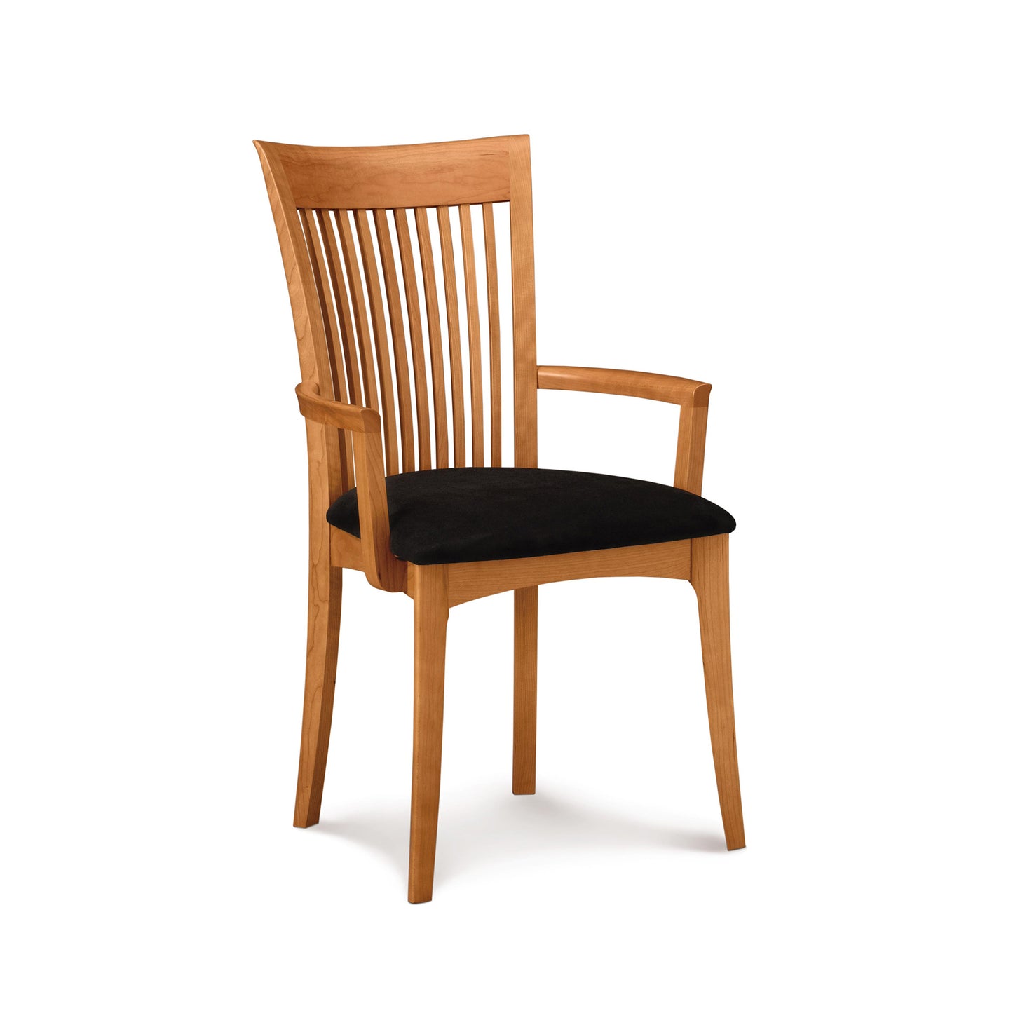 Copeland Sarah Shaker Chair crafted in solid cherry wood with a vertical slat back and black cushioned seat, American made quality furniture.