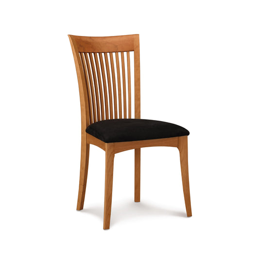 Copeland Furniture Sarah Shaker Chair with vertical slat back and black cushioned seat, crafted in America with fine wood quality.