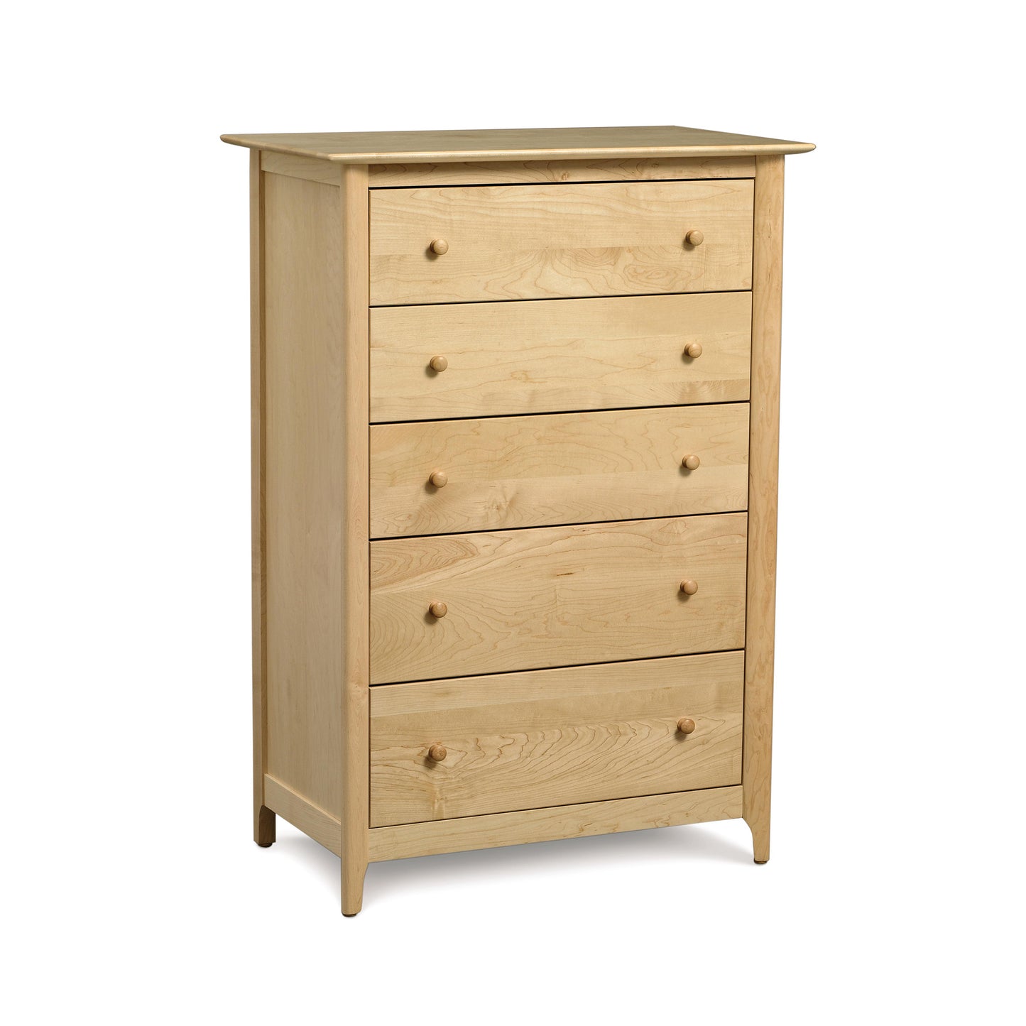A handmade Sarah 5-Drawer Chest by Copeland Furniture with a classic Shaker design, set on a clean white background.