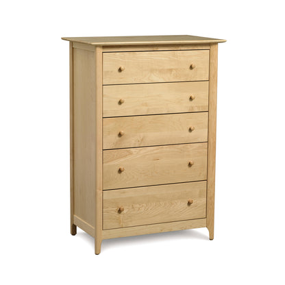 Sarah 5-Drawer Chest by Copeland Furniture featuring round knobs and a light wood finish showcasing Shaker design elegance.