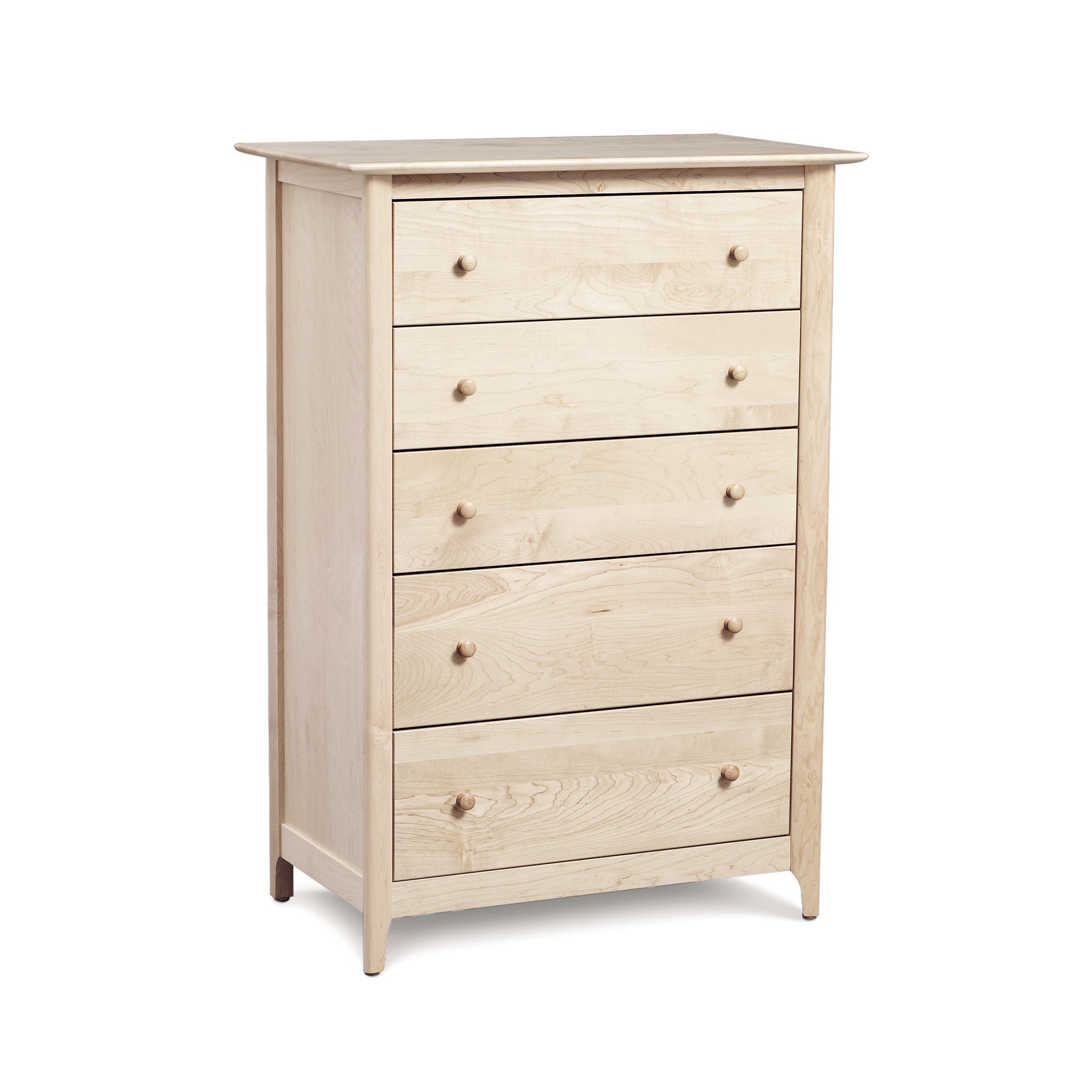 A Sarah 5-Drawer Chest in natural cherry wood with round knobs, isolated on a white background by Copeland Furniture.