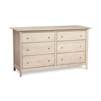 Sarah 6-Drawer Dresser by Copeland Furniture, Shaker-style with eco-friendly wood, featuring round knobs, a smooth top, and angled legs.