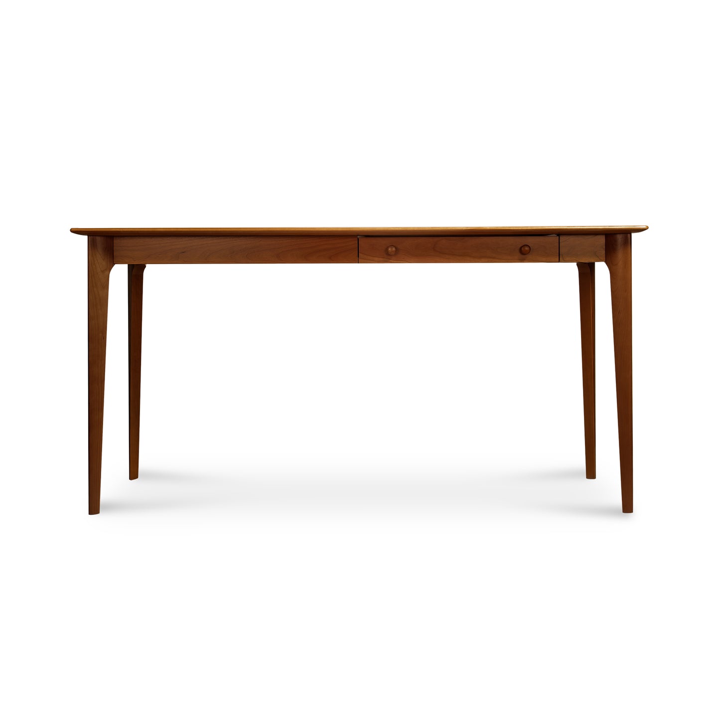 Sarah Return with Keyboard Tray by Copeland Furniture features a sleek rectangular wood design, two drawers, and elegant tapered legs. American made quality.