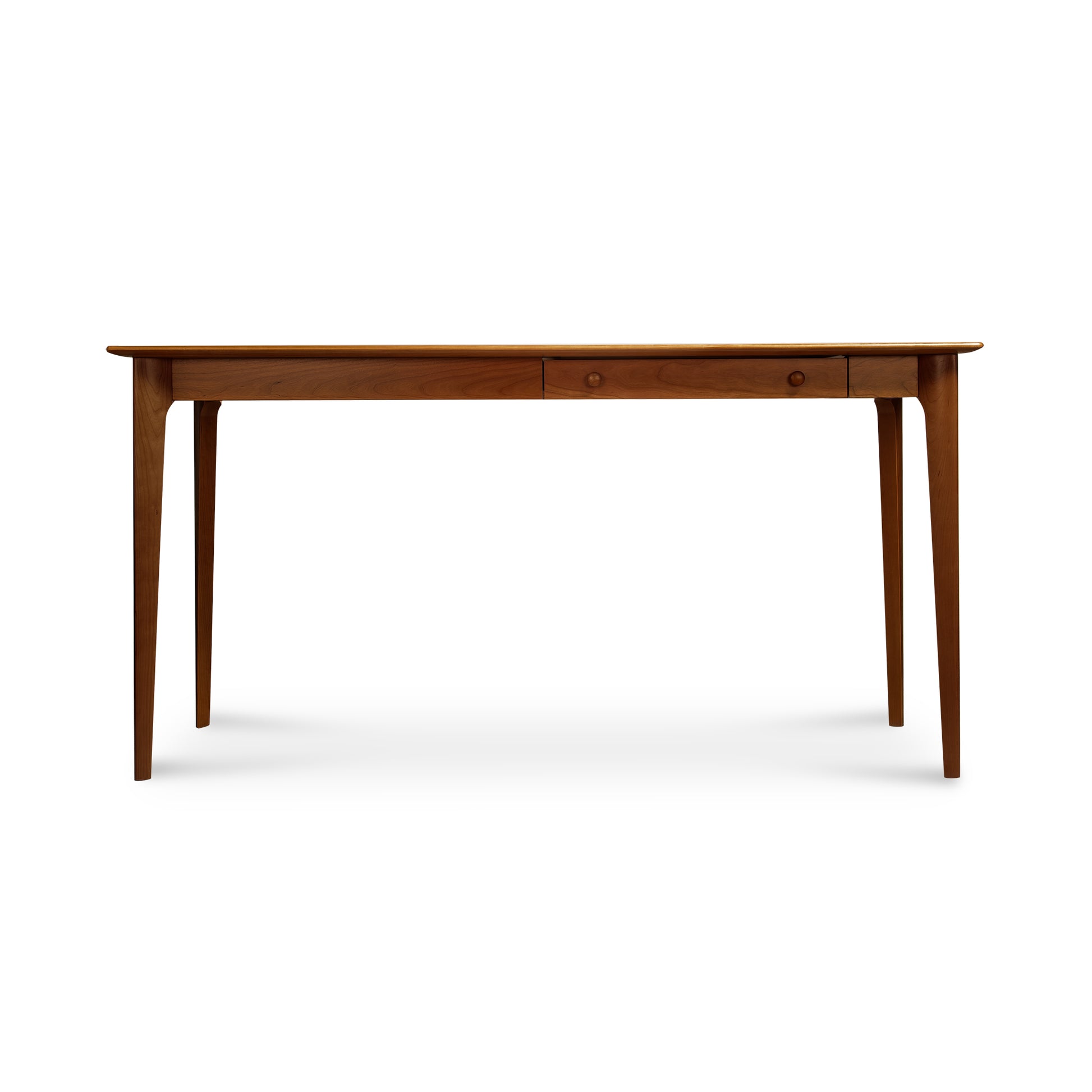 Sarah Return with Keyboard Tray by Copeland Furniture features a sleek rectangular wood design, two drawers, and elegant tapered legs. American made quality.