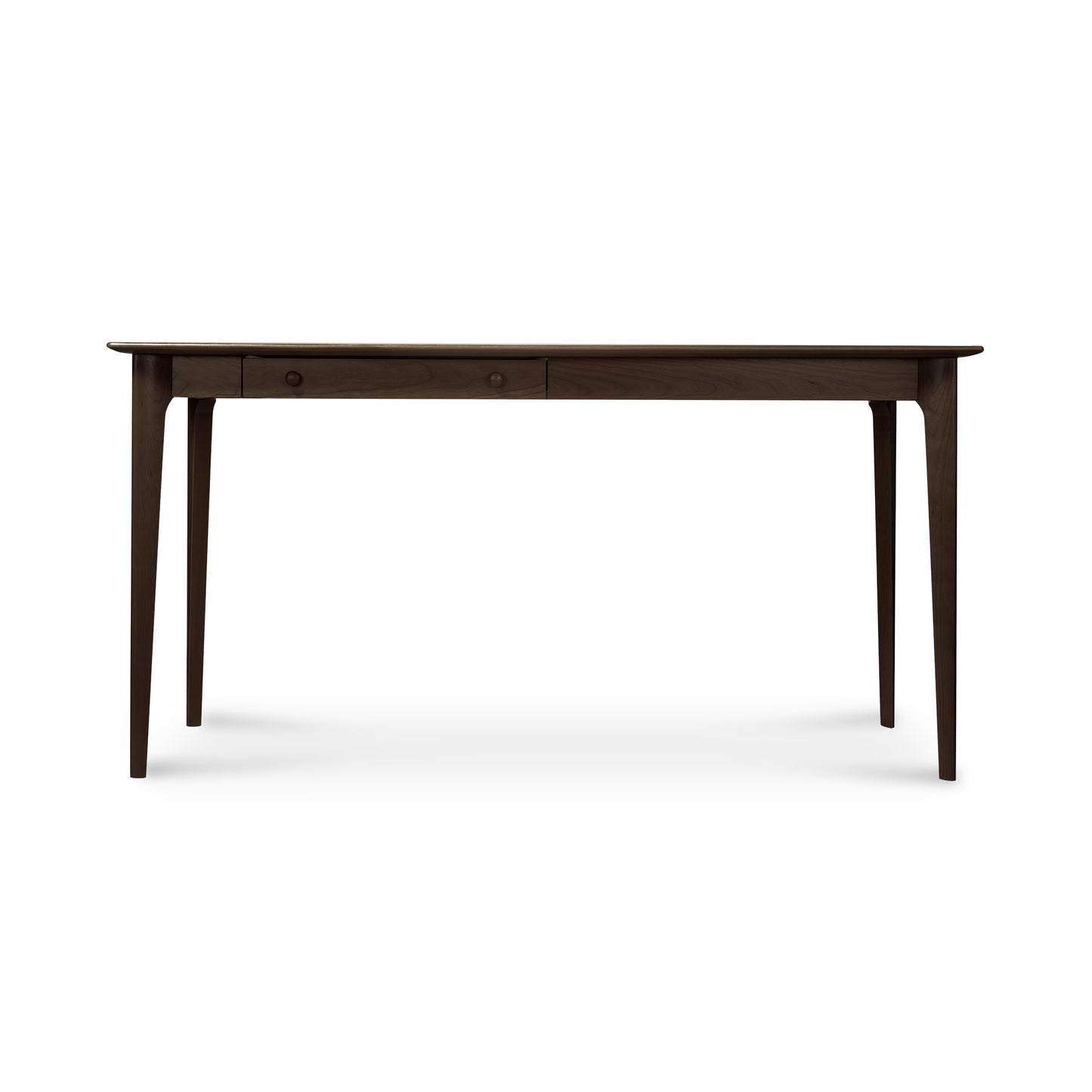 Copeland Sarah Return with Keyboard Tray, a dark wood Shaker desk featuring four tapered legs and two front drawers, handcrafted in Vermont.