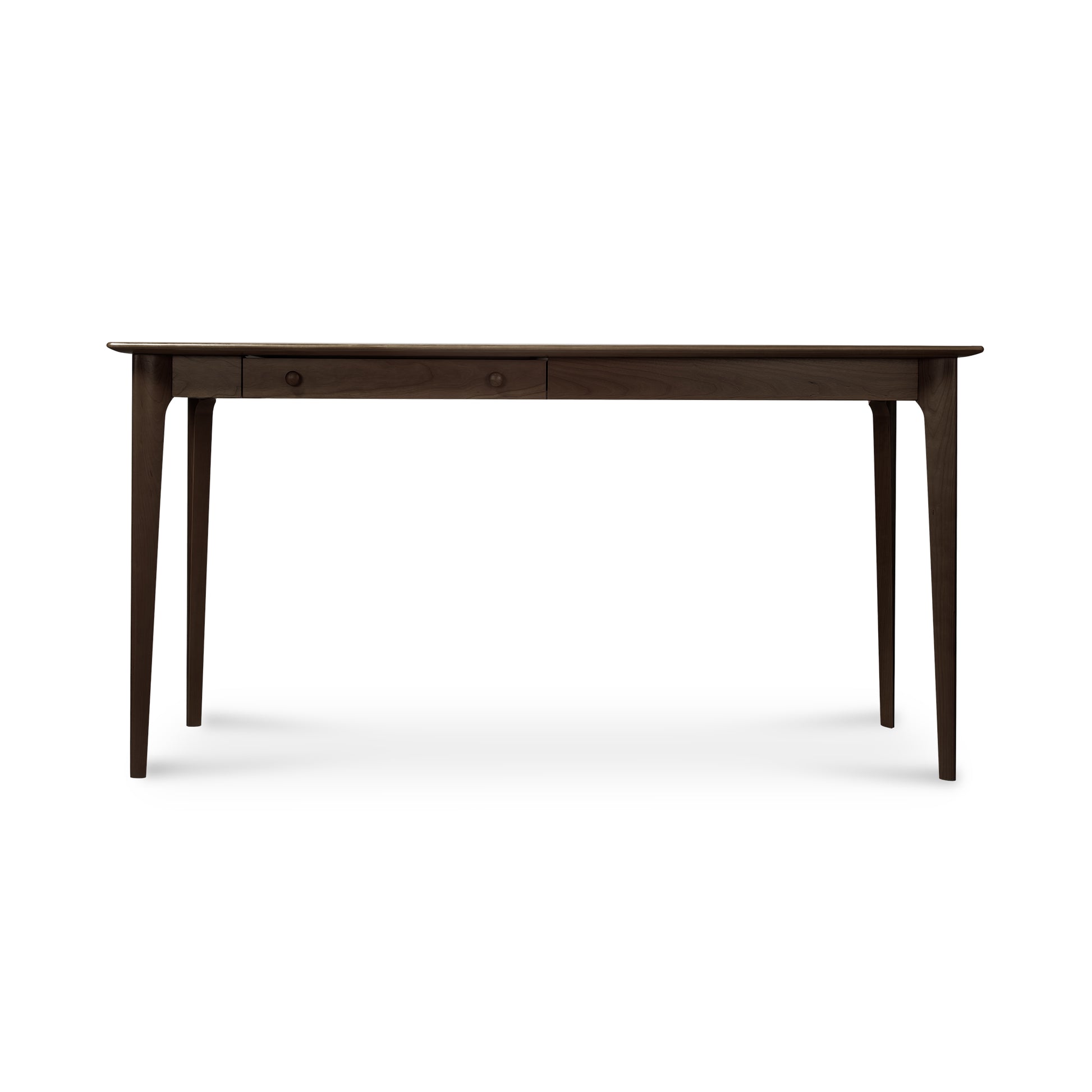 Copeland Sarah Return with Keyboard Tray, a dark wood Shaker desk featuring four tapered legs and two front drawers, handcrafted in Vermont.