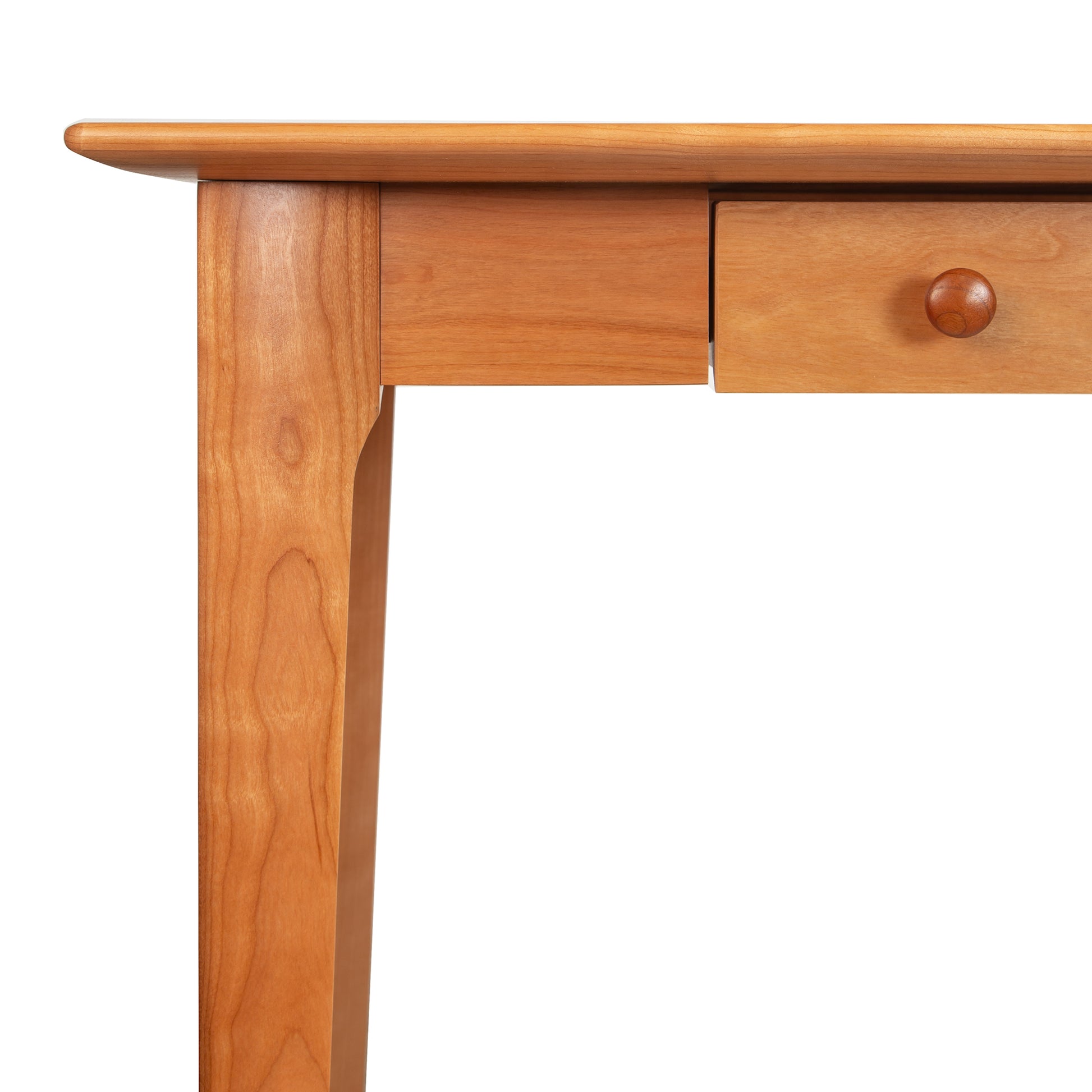 Sarah Secretary Desk by Copeland Furniture with smooth hardwood finish, round knob drawer, and minimalist American-made craftsmanship highlighted up close.
