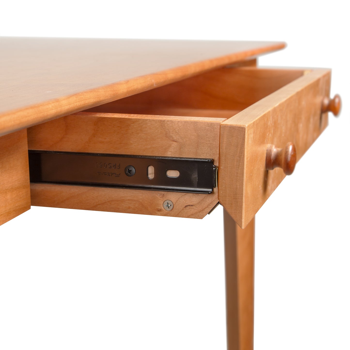 Copeland Sarah Secretary Desk in Shaker style, highlighting its solid wood craftsmanship, metal drawer slides, and classic wood knobs.
