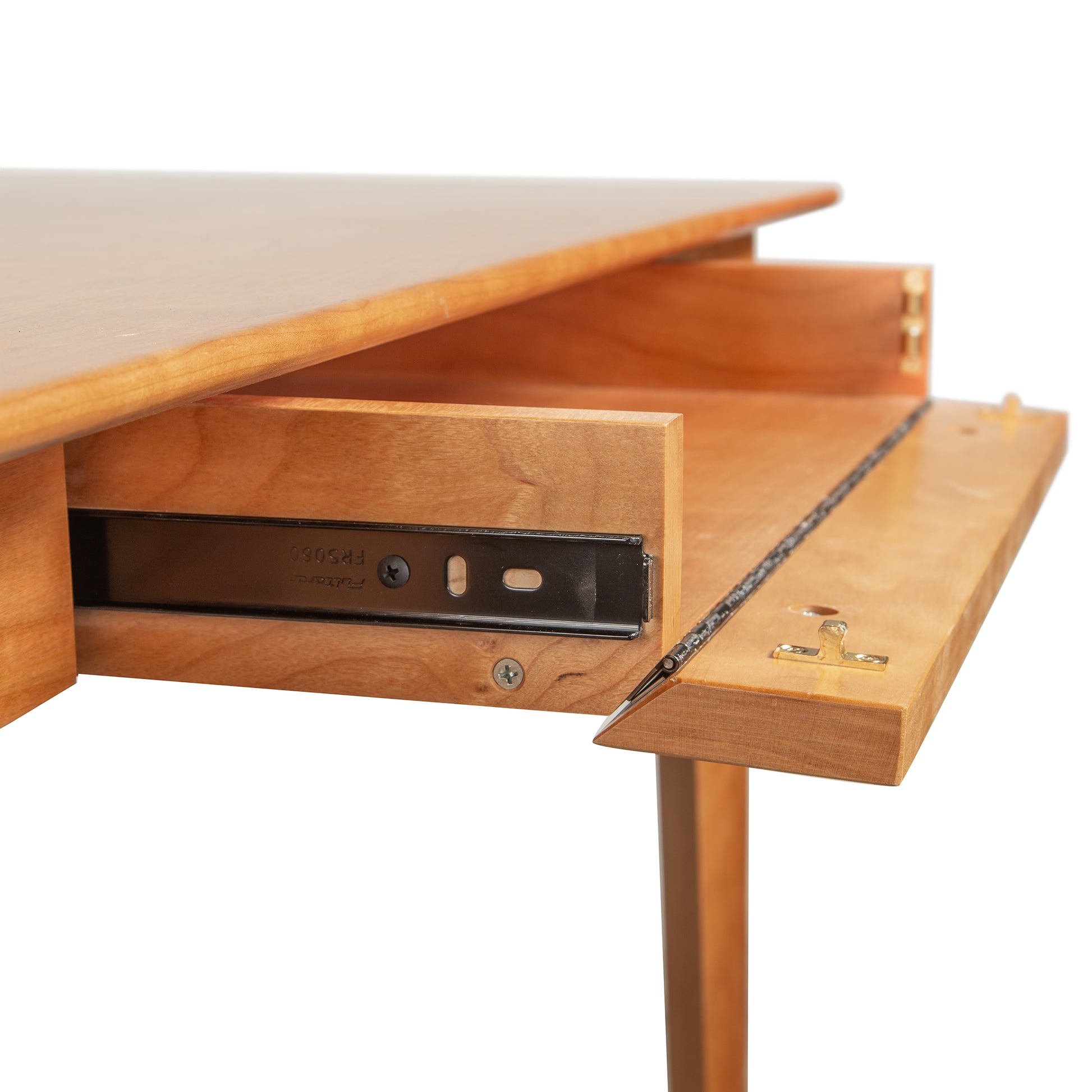 Copeland Sarah Secretary Desk in solid wood, showcasing craftsmanship with its open drawer highlighting metal slides and hinge details.
