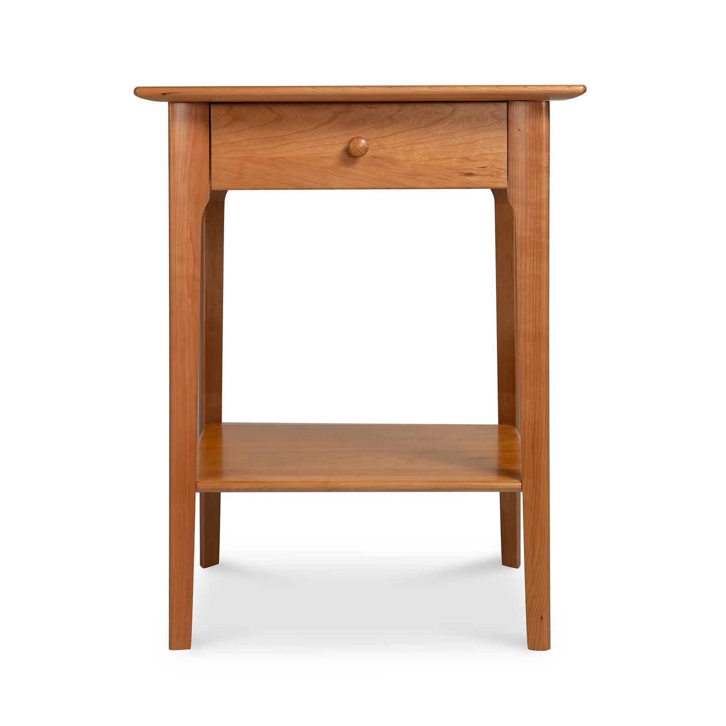 A small wooden Sarah 1-Drawer Open Shelf Nightstand, featuring a Shaker design, from Copeland Furniture.