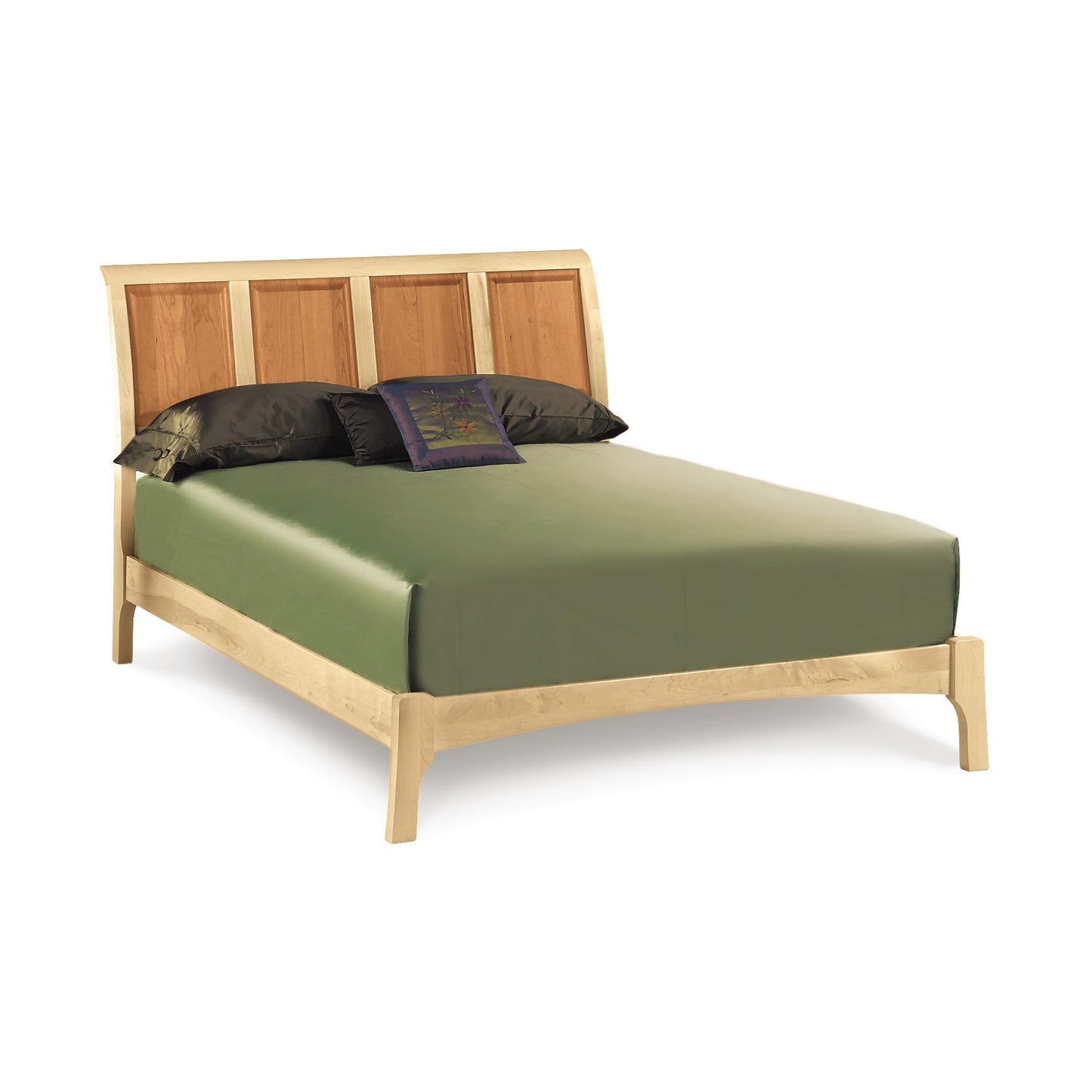 An eco-friendly Sarah Low Footboard Sleigh Bed by Copeland Furniture with a green sheet.