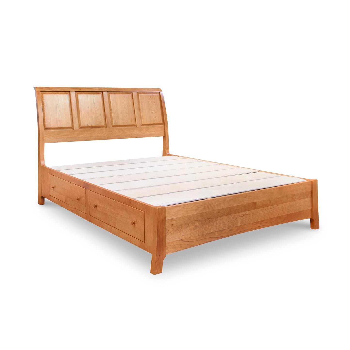 Sarah Sleigh Storage Bed by Copeland Furniture in cherry wood with paneled headboard and side storage drawers, handcrafted in the USA.