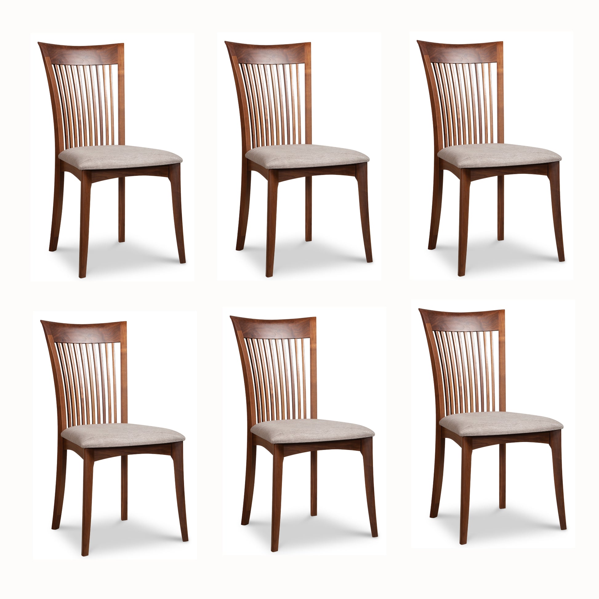 Set of six Copeland Furniture Sarah Shaker Side Chairs with beige cushions, showcasing American-made craftsmanship and elegant shaker design.