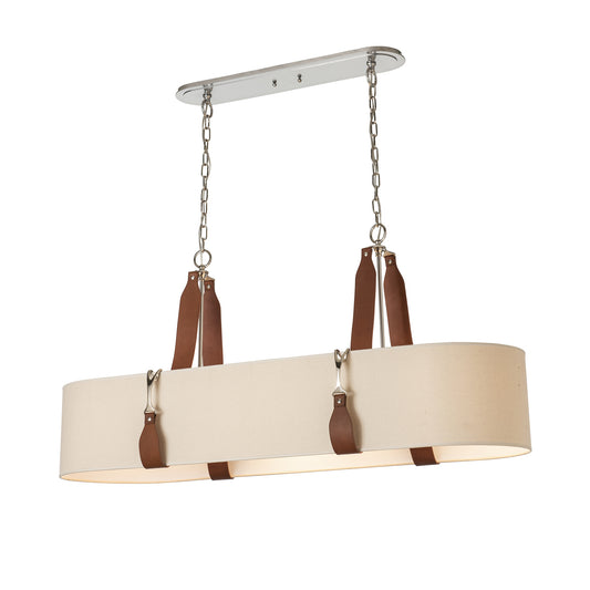 A modern equestrian Saratoga Oval Pendant light by Hubbardton Forge featuring a cylindrical beige shade suspended by chains linked to brown leather straps reminiscent of horse riding gear, attached to a polished chrome ceiling mount.