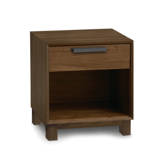 Savoy 1-Drawer Enclosed Shelf Nightstand by Copeland Furniture in solid wood with metal handle, American made, showcased in a modern bedroom setting.