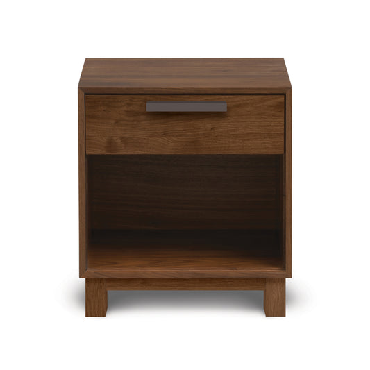 Savoy 1-Drawer Nightstand by Copeland Furniture features a sleek enclosed shelf, metal handle, and modern short legs in solid wood craftsmanship.