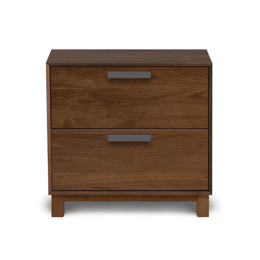 Savoy 2-Drawer Nightstand by Copeland Furniture, crafted from solid wood with metal handles and short legs, American made for modern bedrooms.