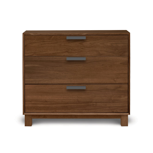 Copeland Furniture Savoy 3-Drawer Chest features modern American craftsmanship in solid wood with sleek metal handles, showcasing its elegant design.