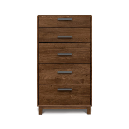 Savoy 5-Drawer Narrow Chest by Copeland Furniture, crafted from solid wood with sleek metal handles, American made for modern style and durability.