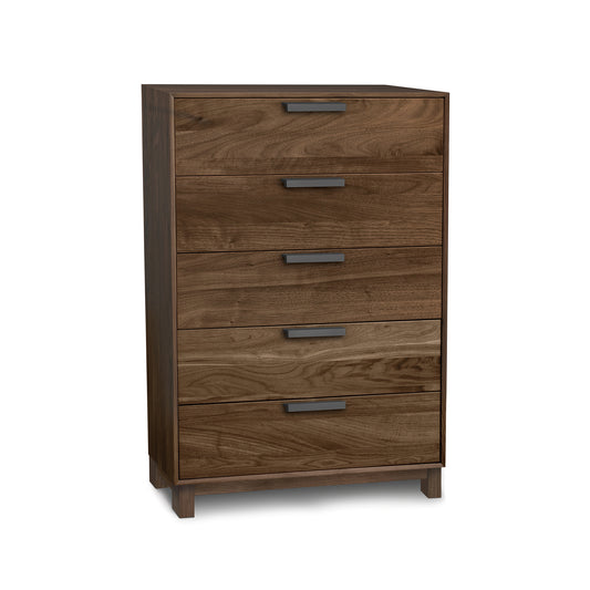Copeland Savoy 5-Drawer Wide Chest in solid wood with a natural finish and sleek metal handles, showcasing American made quality craftsmanship.