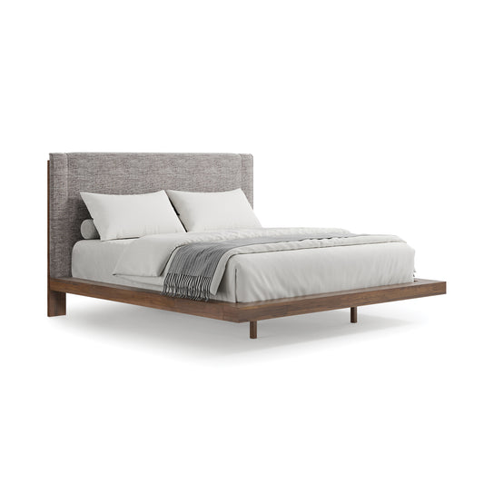 Savoy Floating Bed by Copeland Furniture with solid wood frame, elegant gray upholstered headboard, and white bedding; premium American craftsmanship.