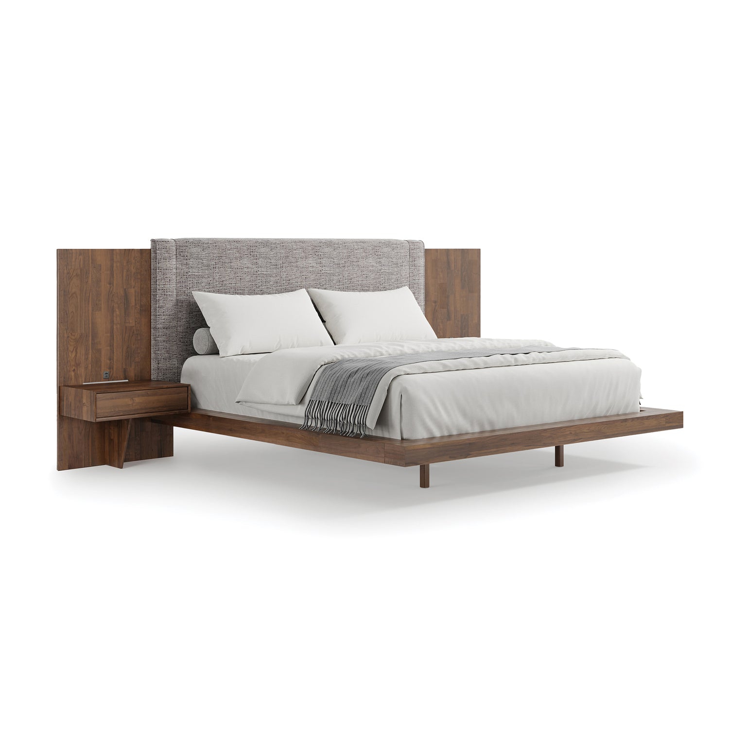Copeland Furniture American walnut bed with wide headboard, Savoy Attached Nightstand, and grey upholstered headrest. Handcrafted quality, USA made.