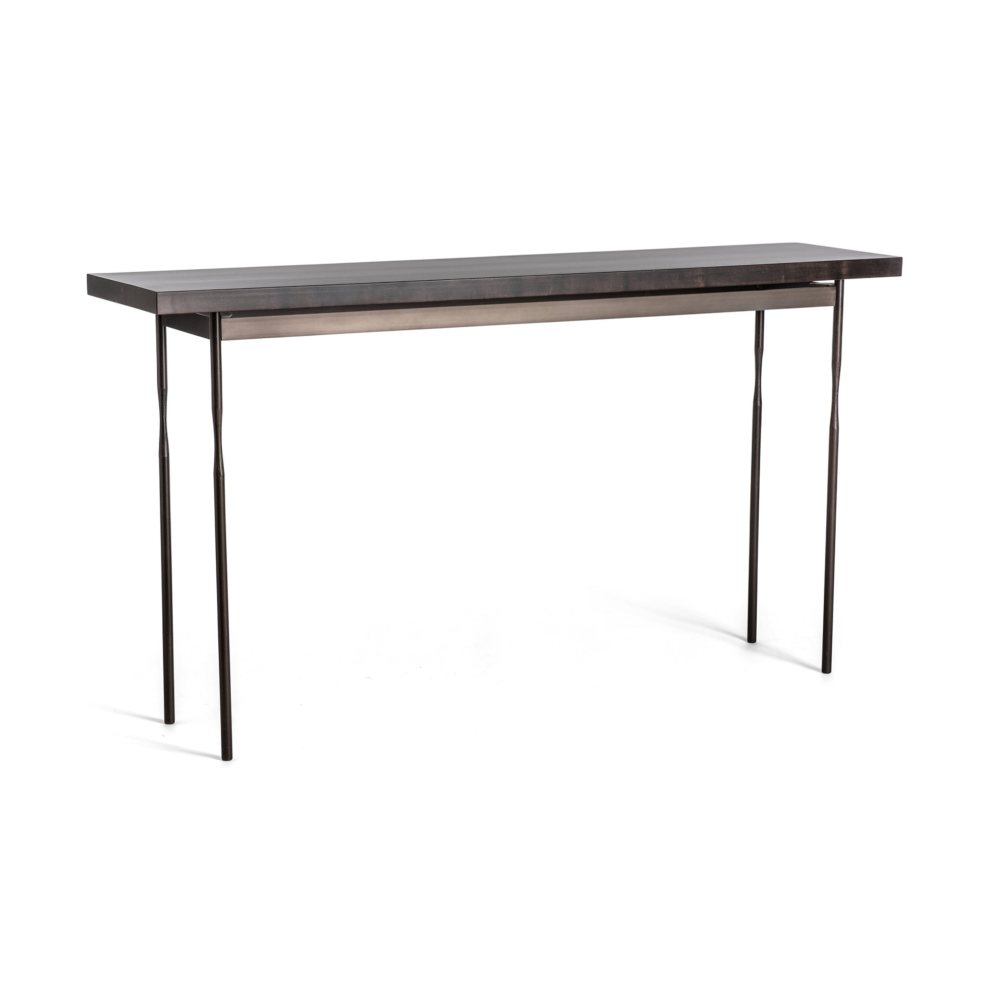 The Senza Wood Top Console Table by Hubbardton Forge showcases a sleek, modern design with a thin, rectangular dark tabletop complemented by handcrafted steel legs that enhance its minimalist charm.