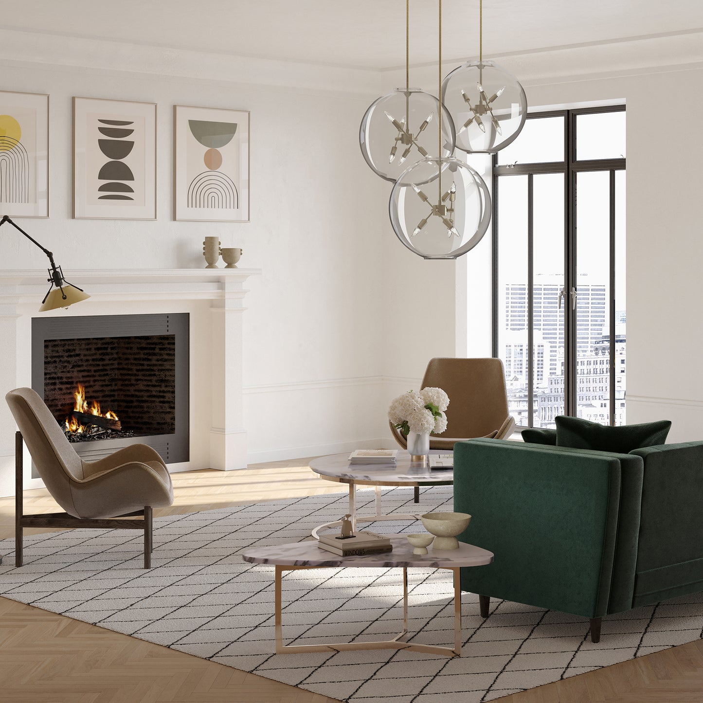 A living room with white furniture and a Hubbardton Forge Sfera 6-Light Pendant, featuring clear glass, hanging over a cozy fireplace.