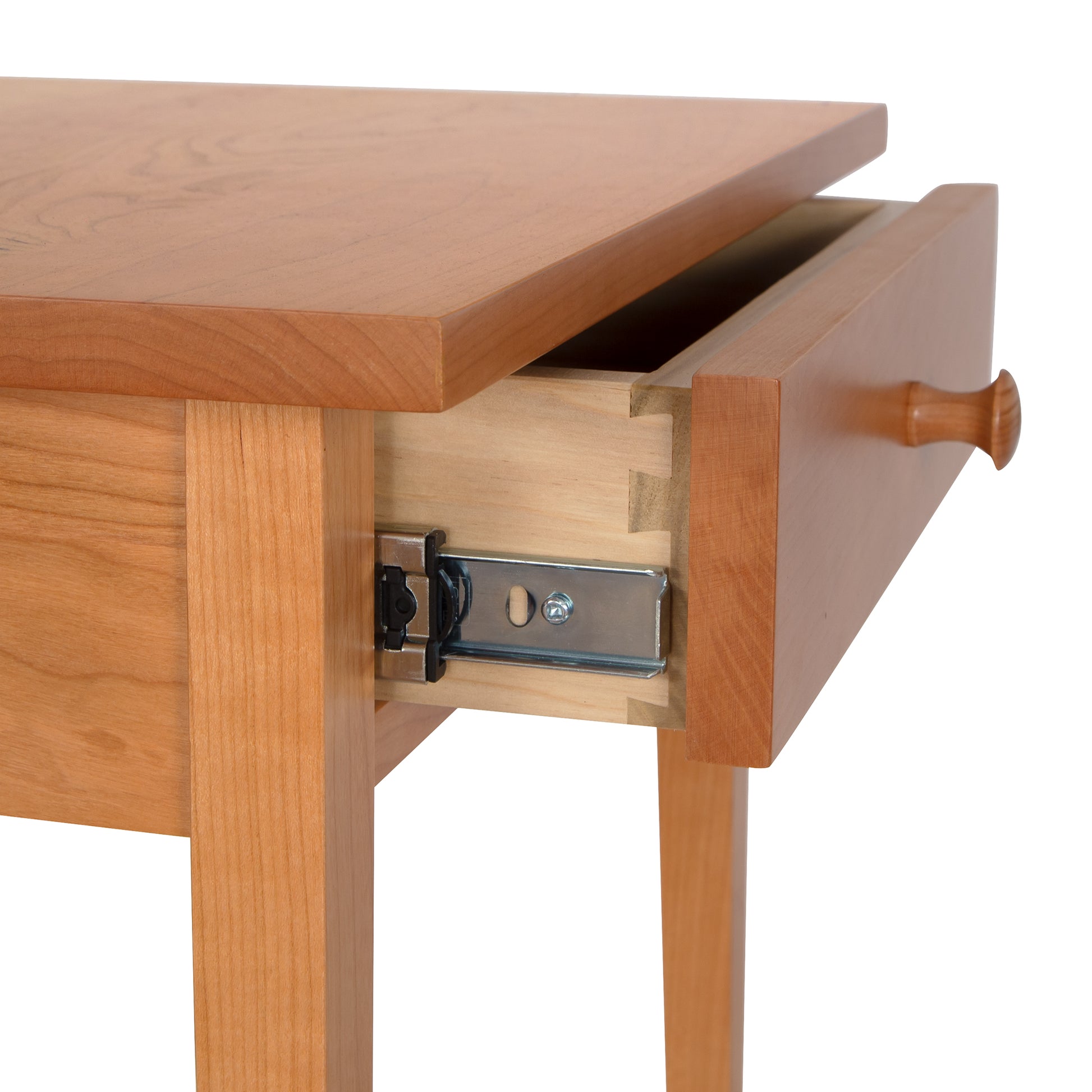Lyndon Furniture Shaker 1-Drawer Nightstand in solid wood with visible craftsmanship and metal drawer slide details.