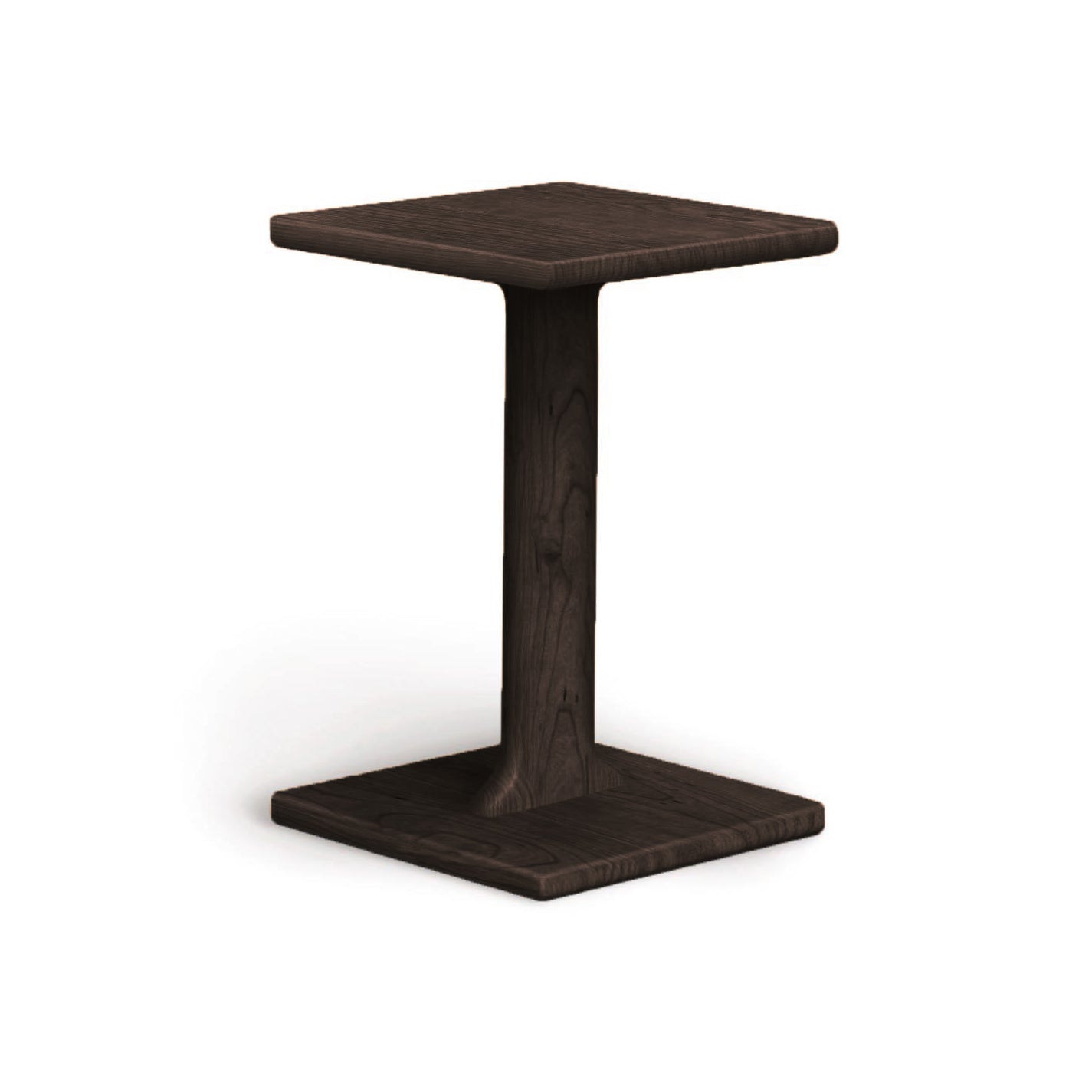 A simple, dark wood Sierra Chair Table with a square top and base, crafted from solid North American hardwood by Copeland Furniture, isolated on a white background.
