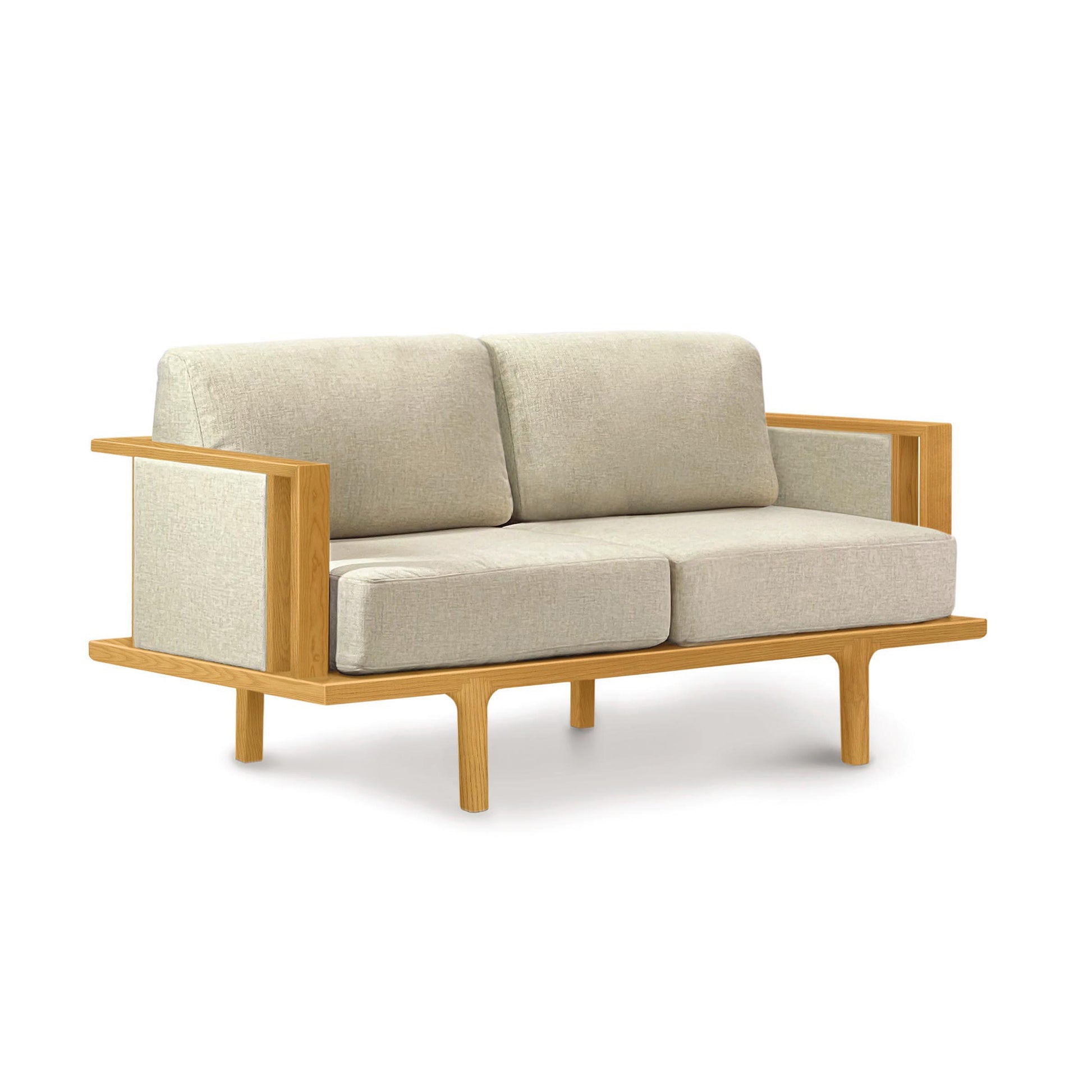 A Copeland Furniture Sierra Cherry Upholstered Loveseat with Upholstered Panels loveseat with wooden armrests and upholstery.