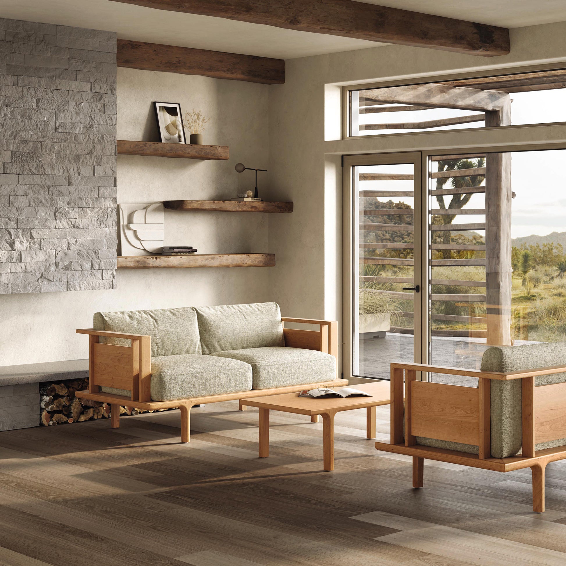 A modern living room featuring wooden furniture, floating shelves, and a stone accent wall with a view of the outdoors through large glass doors is complemented by a Copeland Furniture Sierra Cherry Upholstered Loveseat.