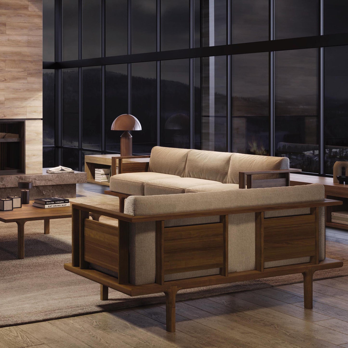 A contemporary living room with wooden furniture, Sierra Walnut Upholstered Sofa from Copeland Furniture, and a fireplace.