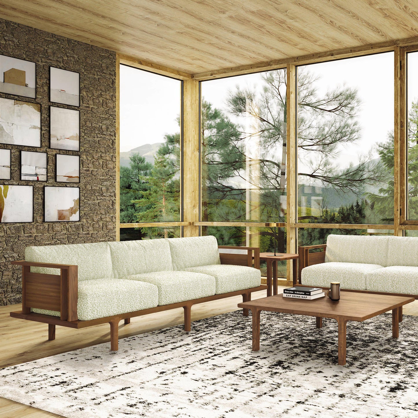 A contemporary living room with a design featuring Sierra Walnut Upholstered Sofas by Copeland Furniture and a rug.