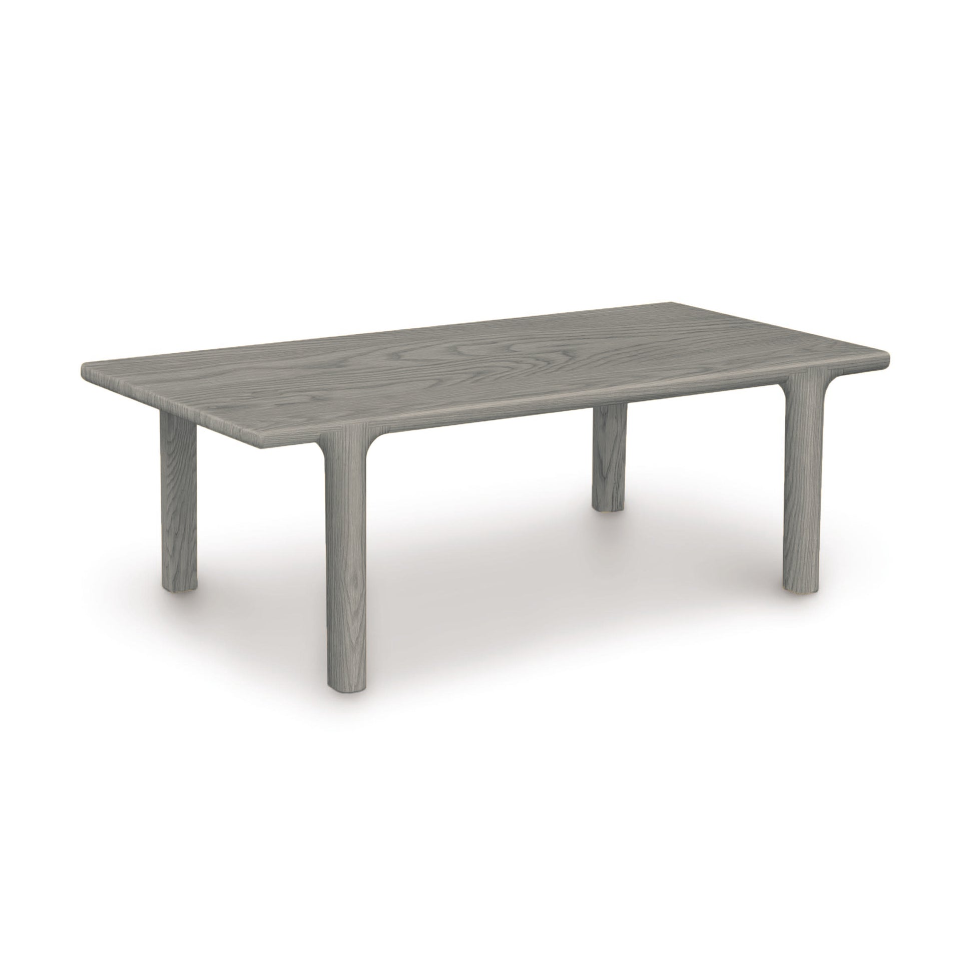 A contemporary design grey wooden table with two legs on a white background featuring the Copeland Furniture Sierra Rectangular Coffee Table.