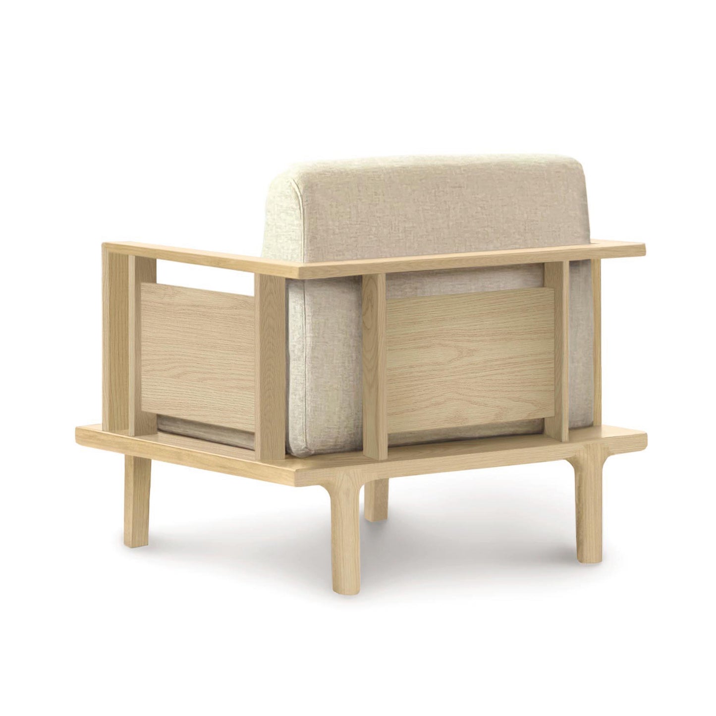 A modern Copeland Furniture Sierra Oak Upholstered Chair with custom upholstery, isolated on a white background.