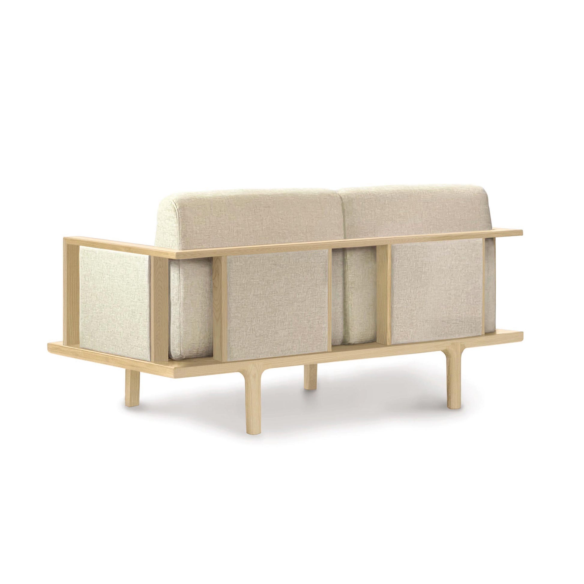 A contemporary Sierra Oak Upholstered Loveseat with Upholstered Panels from Copeland Furniture, with wooden armrests.