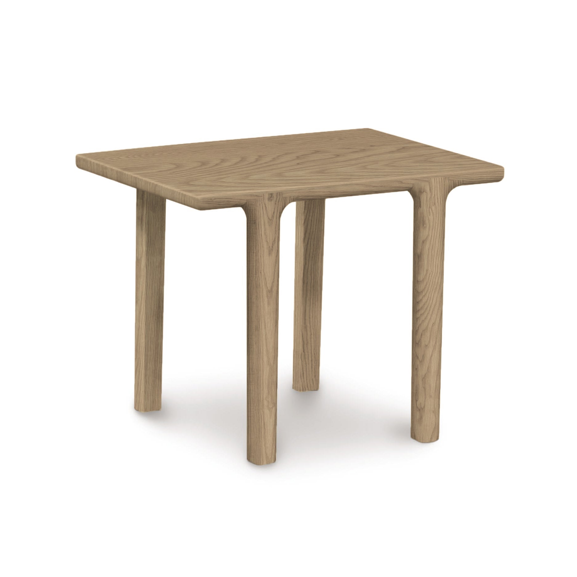 The Copeland Furniture Sierra Rectangular End Table, with its modern personality, features a small wooden table supported by two legs. It sits against a white background, providing a fresh and clean aesthetic.