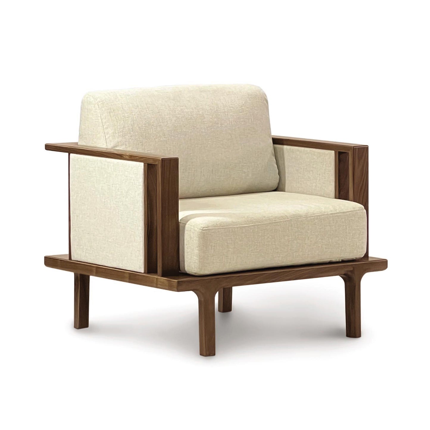 The Sierra Walnut Upholstered Chair with Upholstered Panels by Copeland Furniture features a modern design with a wooden frame and beige fabric upholstery.