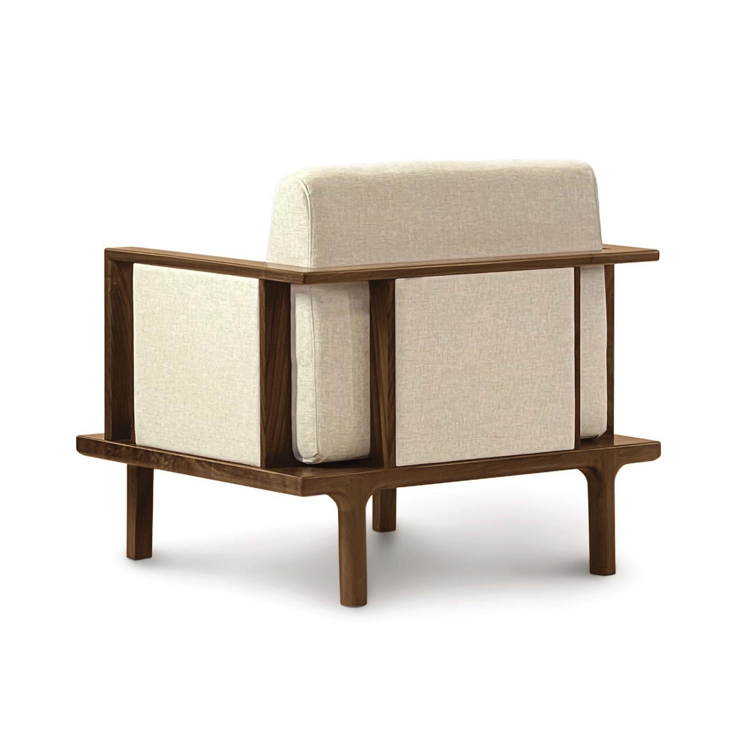 A Sierra Walnut Upholstered Chair with Upholstered Panels by Copeland Furniture, with wooden frame and custom upholstery option, isolated on a white background.