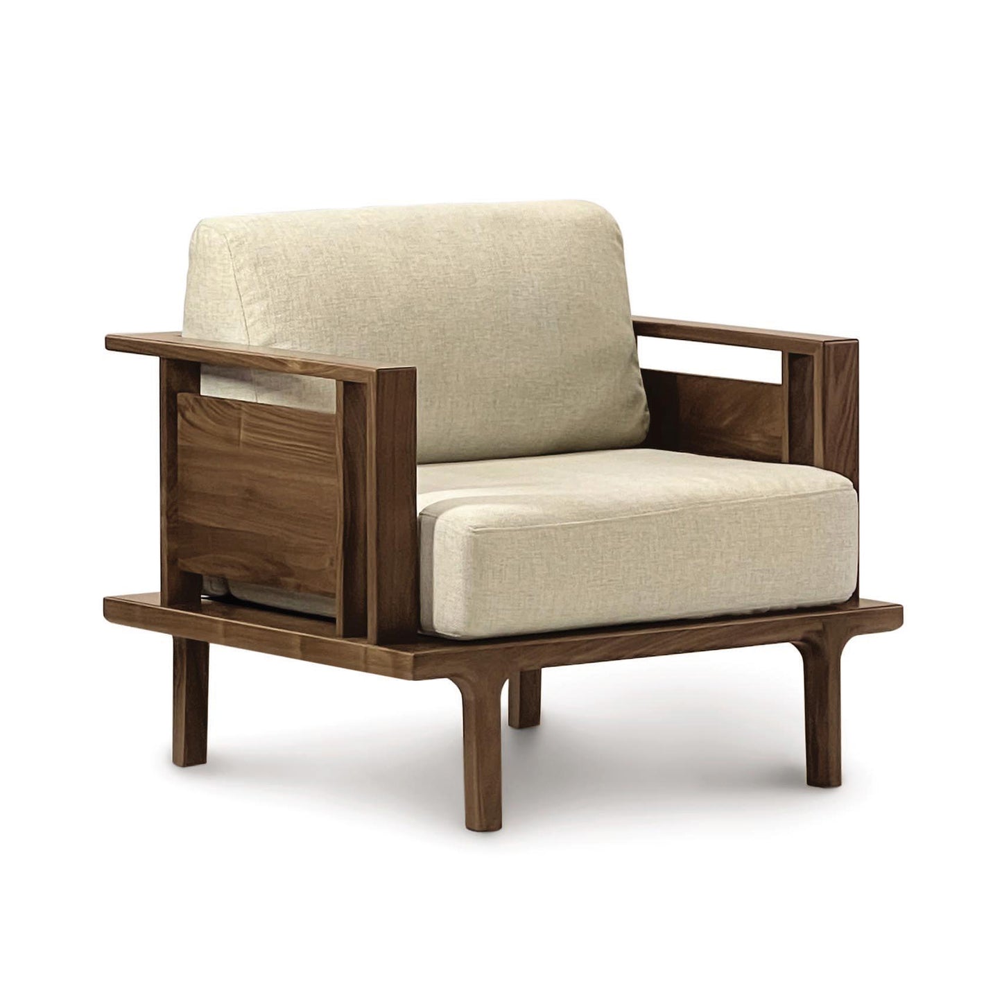 A Sierra Walnut Upholstered Chair from Copeland Furniture, with custom upholstery and a beige cushion.