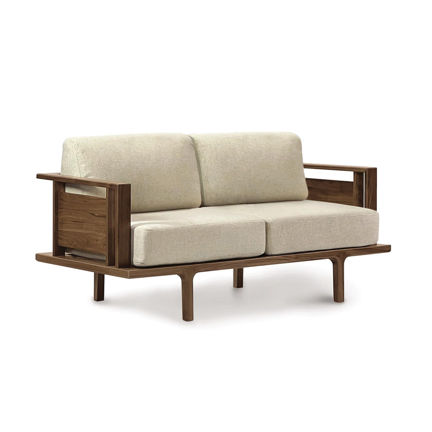 A contemporary Copeland Furniture Sierra Walnut Upholstered Loveseat with a natural walnut frame and beige fabric.