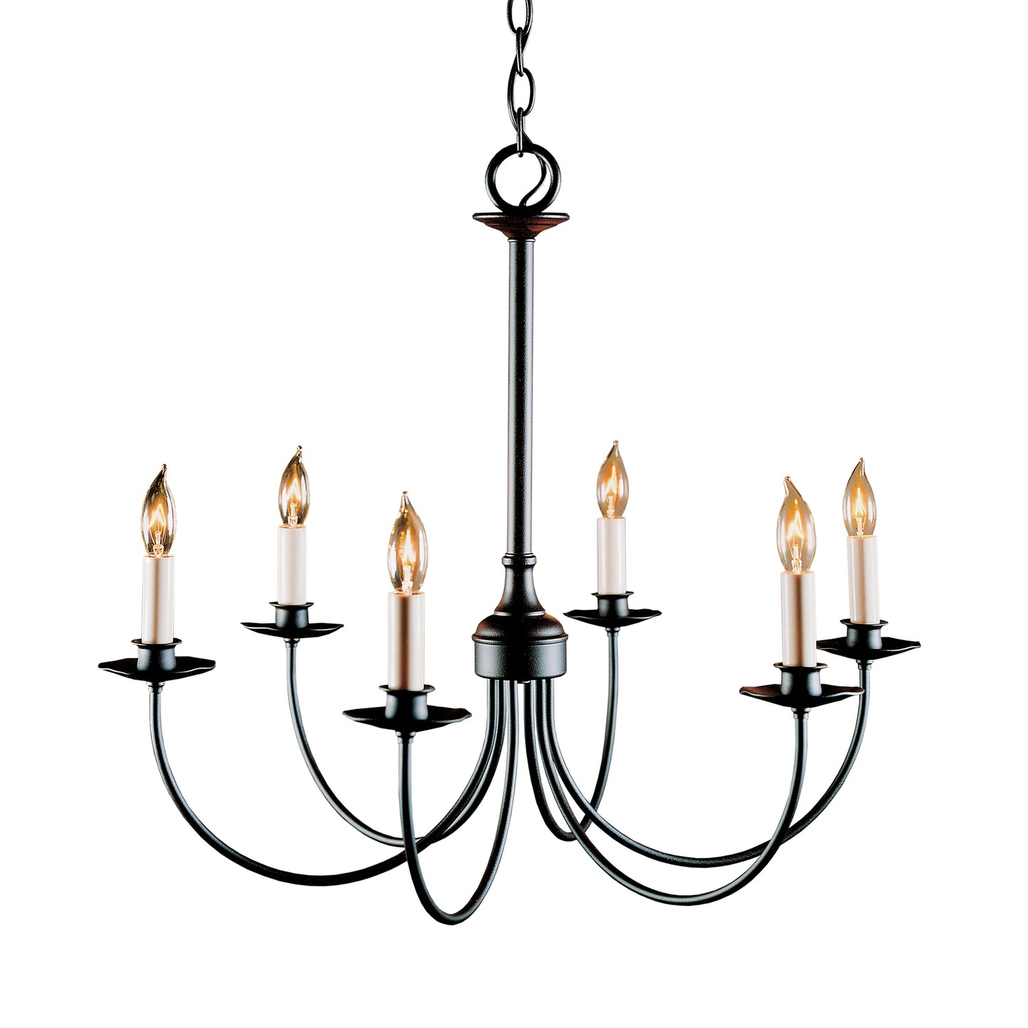 A Simple Lines 6-Arm Chandelier with six candles hanging from it, crafted by Hubbardton Forge.