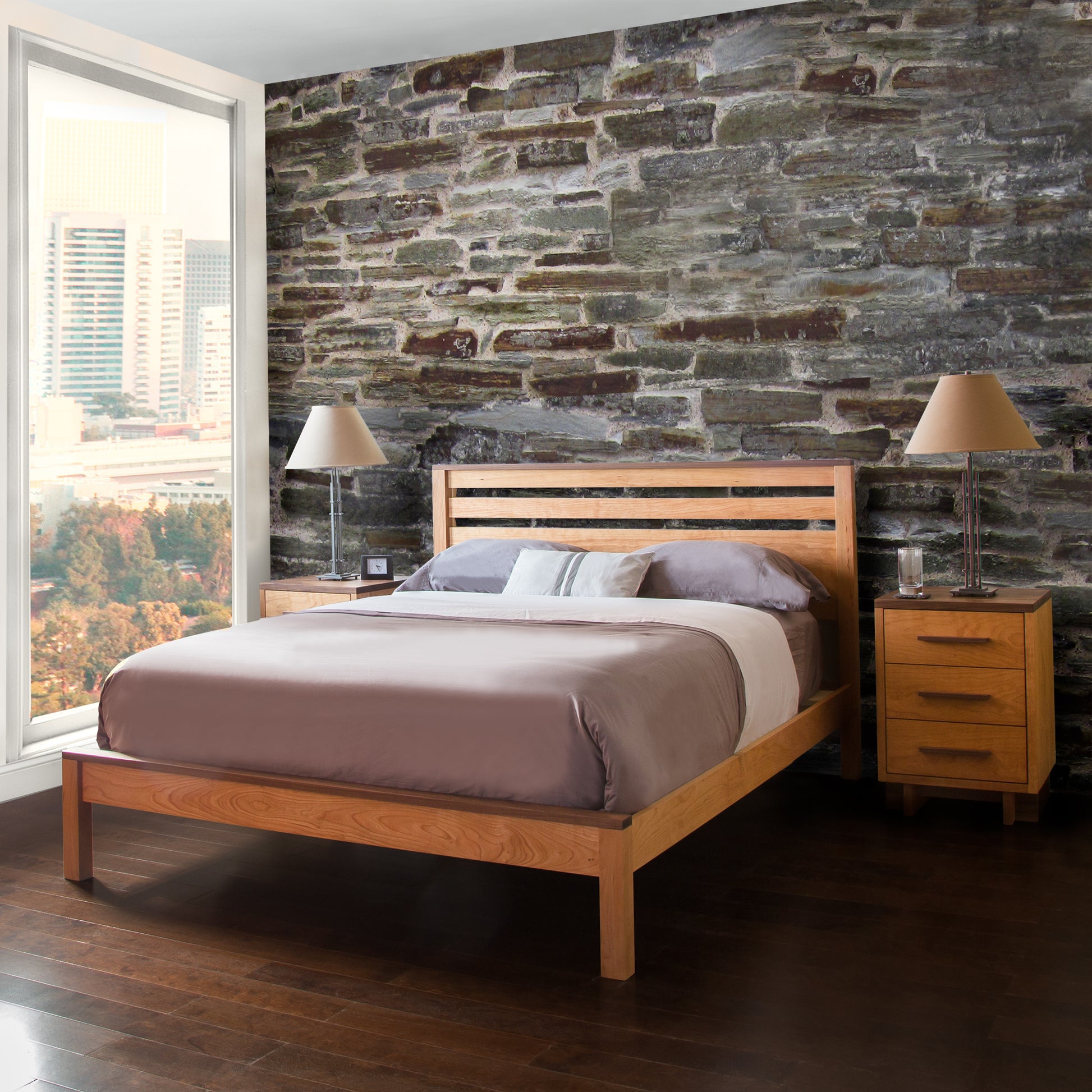 Luxury wooden bed frame with Vermont Furniture Designs bedside tables in a modern American bedroom.