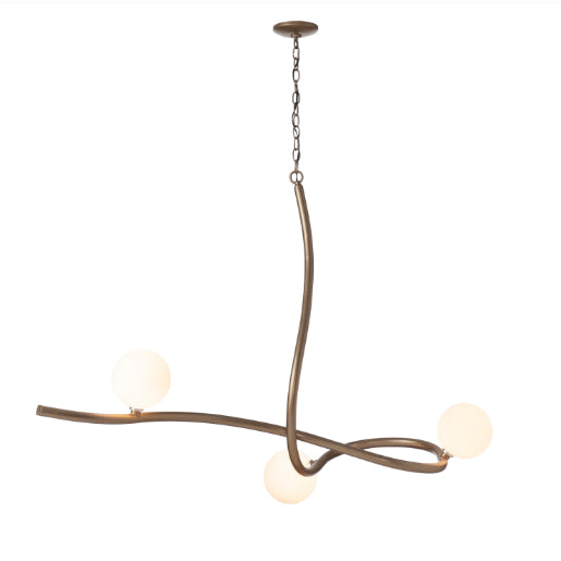 Slide Pendant by Hubbardton Forge features a modern design with three frosted globes on curved arms, expertly handcrafted in Vermont.
