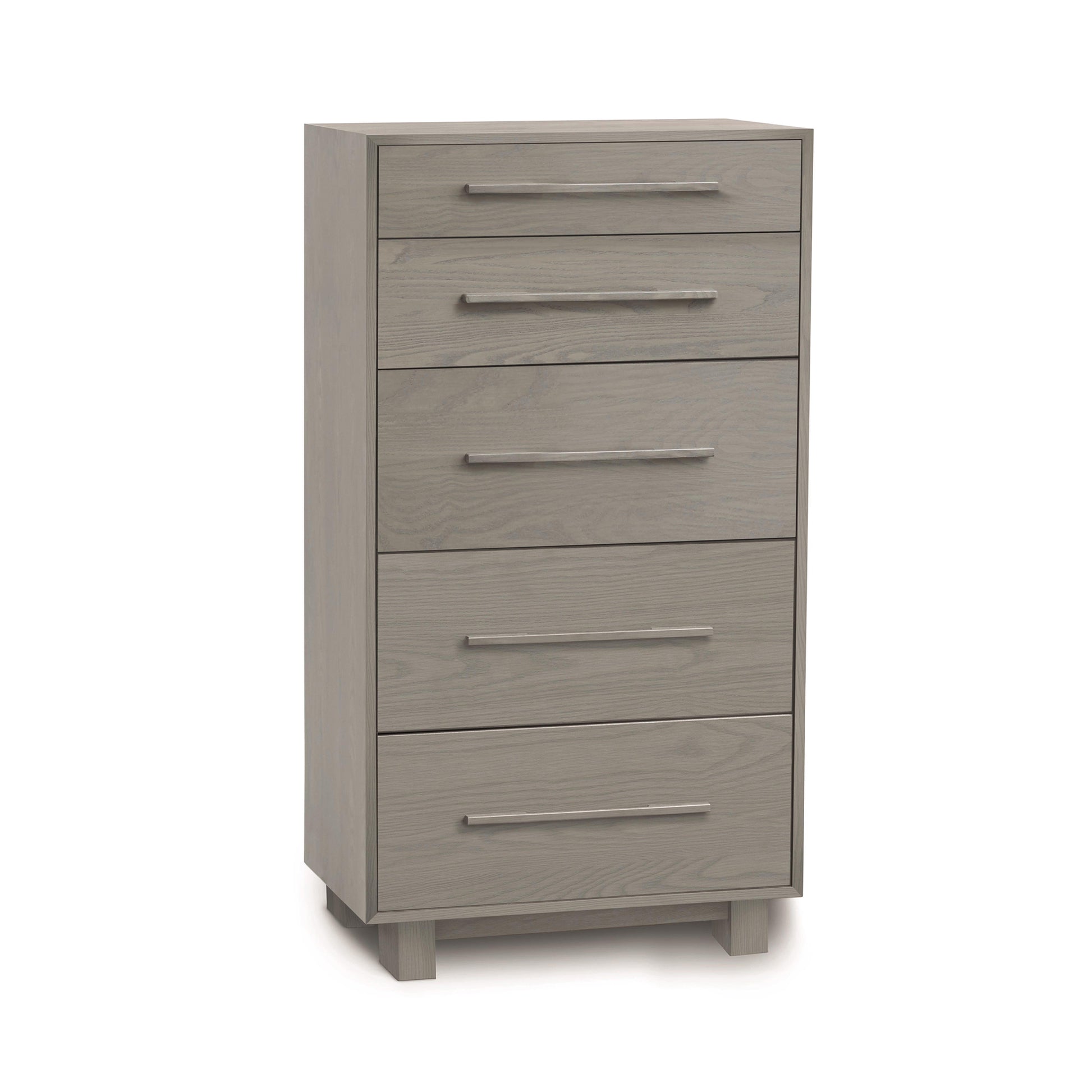 A modern bedroom furniture piece - a grey chest of drawers by Copeland Furniture, named the Sloane 5-Drawer Narrow Chest, set on a clean white background.