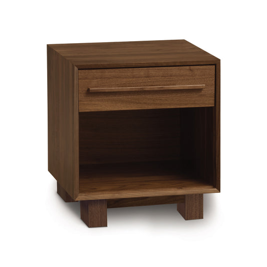 A Copeland Furniture Sloane 1-Drawer Nightstand with a single drawer and an open shelf, featuring natural hardwood construction on a white background.